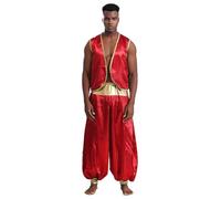 Monduelle Hombre Disfraz Príncipe Árabe Satin Chaqueta Y Falda Pantalones Harem Ropa Oriental Árabe Halloween Carnaval Fasching Disfraz Borgoña y Borgoña 4XL