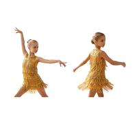 Monduelle Maillot Patinaje Artistico Niña Traje De Baile Latino Borlas Y Flecos Latin Competiciones Oro 5-6 años