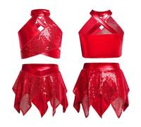 Monduelle Niñas Enfant Traje Baile Metálico con Secuines Crop Top con Rendija Cruzada Y Falda Asimétrica Actuaciones Baile Y Escenario Rojo 5-6 años