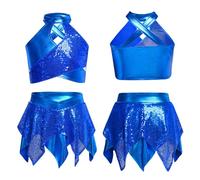 Monduelle Niñas Enfant Traje Baile Metálico con Secuines Crop Top con Rendija Cruzada Y Falda Asimétrica Actuaciones Baile Y Escenario Azul 15-16 años
