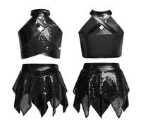 Monduelle Niñas Enfant Traje Baile Metálico con Secuines Crop Top con Rendija Cruzada Y Falda Asimétrica Actuaciones Baile Y Escenario Negro 15-16 años