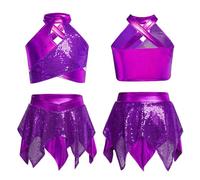 Monduelle Niñas Enfant Traje Baile Metálico con Secuines Crop Top con Rendija Cruzada Y Falda Asimétrica Actuaciones Baile Y Escenario Púrpura 5-6 años