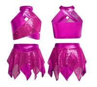 Monduelle Niñas Enfant Traje Baile Metálico con Secuines Crop Top con Rendija Cruzada Y Falda Asimétrica Actuaciones Baile Y Escenario Rosa Oscuro 9-10 años