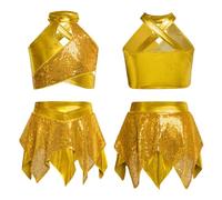 Monduelle Niñas Enfant Traje Baile Metálico con Secuines Crop Top con Rendija Cruzada Y Falda Asimétrica Actuaciones Baile Y Escenario Oro 5-6 años