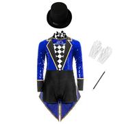Monduelle Traje Cuerpo Circo Niña Uniforme Director Circo Manga Larga Traje Baile Un Pieza Con Gorra Disfraces Maestro Ceremonias Halloween Navidad Y Carnaval Azul real 5-6 años