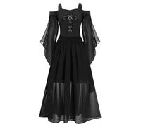 Monduelle Vestido medieval para niña, estilo renacentista, hombros descubiertos, estilo victoriano, vestido gótico, bruja, Halloween, carnaval, Negro , 110-116