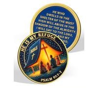 Moneda Christian Challenge - Salmo 91:1-2 | Moneda He Is My Refuge, diseño de cruz y Biblia, refugio divino, regalos religiosos devotos para hombres y mujeres