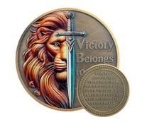 Moneda conmemorativa cristiana de 40 mm - "Victoria pertenece al Señor" - Apocalipsis 5:5 - León de la tribu de Judá con espada - Moneda religiosa de fe para hombres & Guerrero de oración