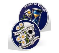 Moneda Memento Mori, margarita y reloj de arena, moneda de desafío estoico | Medallón recordatorio diario de calavera azul plateada - Regalos de estoicismo para hombres y mujeres - Aplicable a la