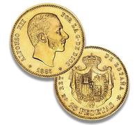 Monedas Antiguas españolas, colección Moneda Oro 25 Pesetas 1885 Alfonso XII Madrid España, Moneda Conmemorativa para coleccionista RARA, Monedas de Plata Escudo columnarios coleccionables
