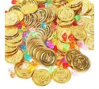 Monedas de Oro y Gemas Piratas del Tesoro Pirata, Monedas Chocolate, Fiestas Temáticas Piratas, Tesoros para La Búsqueda del Tesoro Cumpleaños de Los Niños(160 monedas de oro + 160 piedras preciosas)