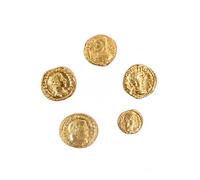 Monedas imperiales Romanas Antiguas chapadas en Oro. Set de 5 reproducciones de emperadores Romanos. Artesana Italiana, Hechas a Mano. Made in Italy