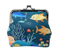 Monedero azul bajo el agua del mundo de los peces. Monedero de doble cara para mujer, pequeño tarjetero de piel sintética