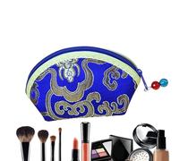 Monedero bordado - 12 x 8 x 5 cm grande vintage de tela de seda china, monedero con bordado floral y cremallera, bolsillo para monedas y mini embrague para mujer, azul, ver descripción, Ver