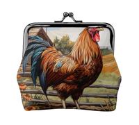 Monedero compacto con estampado de gallo sobre madera en tierras de cultivo, 11,5 x 10,5 cm, bonita cartera con cierre de beso impermeable