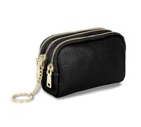 Monedero con cremallera de cuero genuino negro para mujer, mini cartera portátil con tres cremalleras, cartera pequeña para dinero en efectivo con muchos compartimentos, Black, Cartera de tres