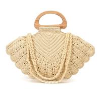 Monedero de concha de ganchillo hecho a mano para mujer, diseño de doble transporte con mango de madera, espaciosos bolsos de ganchillo de playa, bolso boho de verano, beige