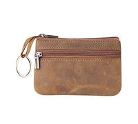 Monedero de cuero auténtico, pequeño monedero para hombres y mujeres, monedero para cambio de dinero con llavero, bolsa de almacenamiento con cremallera, organizador de monedas, café, Monedero