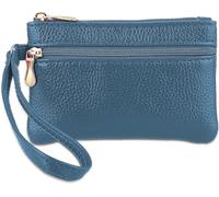 Monedero de cuero azul para mujer, monedero pequeño con cremallera con doble cremallera, correa de muñeca desmontable, monedero para mujer, monedero, carteras, tarjetas y organizadores de dinero, Azul