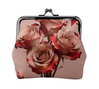 Monedero de cuero con bloque de rosa de té para mujer, cartera pequeña con cierre de beso, mini tarjetero para llaves, lápiz labial, bonito bolso de cambio para viajes