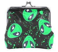 Monedero de cuero con estampado floral para mujeres y niñas, con cierre de beso, divertido, cabezas de alienígena, color negro, pequeño monedero para monedas, Fun Green Alien Heads Black, OneSize
