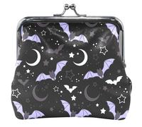 Monedero de cuero de dibujos animados para mujer con lindo bloqueo de beso, murciélago, estrellas, monedero negro, Bastante murciélago estrellas negras, Clásico, Bastantes murciélagos estrellas negras