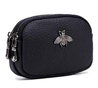 Monedero de Cuero Genuino para Mujer - Doble Cremallera Abeja Cambio Bolsa Monedero Monedero Monedero Mini Simple Lindo Moneda Bolsillo útil para Mujeres, Negro, L