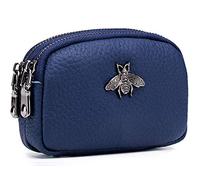 Monedero de Cuero Genuino para Mujer - Doble Cremallera Bolsa de Cambio de Abeja Monedero Portatarjetas Monedero Mini Simple Monedero Lindo útil para Damas Mujer (Azul)