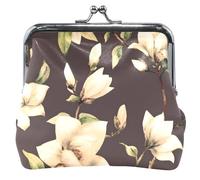 Monedero de cuero negro con diseño de magnolia de acuarela para mujer, con hebilla de bloqueo de beso, pequeño monedero para monedas, Magnolia de acuarela negra, OneSize