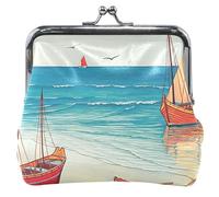 Monedero de cuero para mujer, diseño de barco vintage, color verde azulado, con cierre de beso, Vintage Boats Teal Beach, Classic