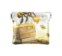 Monedero de cuero pequeño personalizado para llevar alimentos, impermeable, organizador de llaves para mujeres y niñas, Dibujos animados de abeja coleccionando miel, 1 size, Moderno