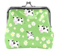 Monedero de cuero verde con diseño de vacas de dibujos animados para mujer, con hebilla, cierre de beso, monedero para monedas, Bonitas vacas de dibujos animados verdes, Classic