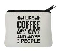 Monedero de neopreno con texto en inglés "I Like Coffee My Cat and Maybe 3 People", 10 x 11 cm, color blanco, White, Talla única