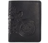 Monedero de piel para hombre y hombre con protección RFID con compartimento para monedas y piel auténtica en relieve, color marrón vertical, motocicleta, Harley Davidson), Hochformat schwarz, Clásico