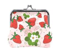 Monedero de piel para mujer, con cierre de cremallera, tarjetero, monedero, cierre de cremallera, bolsillo, pequeño bolso de mano con hebilla, estampado de fresas rojas, hojas verdes, flores blancas s