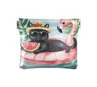 Monedero de piel sintética con diseño de gato negro con lentes de sol, diseño de hoja de palma, monedero, monedero, bolsillo para monedas, para mujeres, niñas y hombres