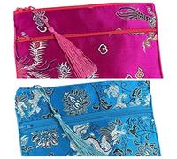 Monedero de seda bolsa de seda estilo chino, 2 uds., bolso de viaje con dos cremalleras y borlas, bolsa de maquillaje for joyería, bolsas de almacenamiento de brocado de seda china, joyería, cosmético