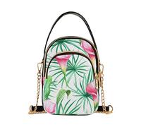 Monedero de un solo hombro para mujer, bonito monedero para teléfono, correa de cadena, bolso acolchado con cremallera, diseño floral, rosa, lirios de cala, palma verde