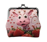 Monedero de vaca rosa con fresas. Monedero de doble cara para mujer, pequeño tarjetero de piel sintética