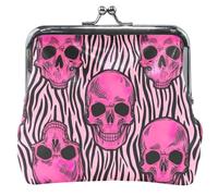 Monedero floral para hombres y mujeres, de cuero, con cierre de beso, divertido monedero de calaveras rosas, rayas de cebra, monedero para cambiar tarjetas, Divertidas rayas de cebra con calaveras