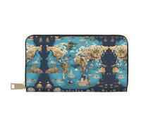 Monedero largo con estampado de mapa de geografía mundial para mujer en piel sintética con cremallera, Mapa geográfico del, Talla única