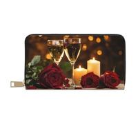 Monedero largo de piel sintética con cremallera para mujer con estampado de panda, Red Rose and Wine Romantic Lovers, Talla única
