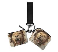 Monedero minimalista con diseño de león animal enojado en 3D con agujero agrietado para mujer, monedero minimalista con llavero, 2 piezas, León animal enojado con agujero agrietado en 3D, 1 size