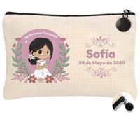 Monedero - Neceser niña - niño. Ideal para Regalar Dinero Primera Comunión Personalizado Color de Pelo - Detalle comunión. (Niña Morena)