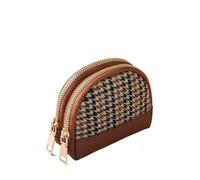 Monedero para mujer, diseño de pata de gallo con bordado de doble capa, con cremallera, de cuero, tarjetero, mini cartera para llaves, Doble cremallera marrón, Talla única