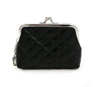 Monedero pequeño de cuero con cierre de beso con llavero, mini bolsa de cambio metálica brillante para mujer, soporte para dinero en efectivo y tarjetas, Negro, Metálico