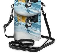 Monedero pequeño de cuero Pu para teléfono móvil, bonitos gatos sentados, suéter a cuadros acogedor, bolsos cruzados, billetera de viaje