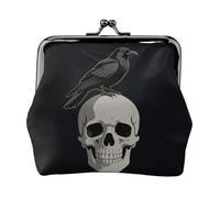 Monedero plano de cuero con calavera de cuervo para mujer, pequeño monedero con cierre de beso, mini tarjetero para llaves, lápiz labial, bonito bolso de cambio para viajes