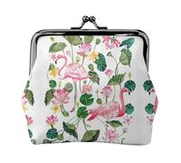 Monedero portátil con estampado de hojas redondas de flamenco, de cuero de fibra y monedero para mujer, Black, Talla única, Bolsa para monedas