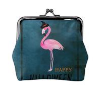 Monedero portátil con estampado de sombrero de bruja y flamenco de Halloween, monedero portátil de cuero de fibra para mujer, Black, Talla única, Bolsa para monedas